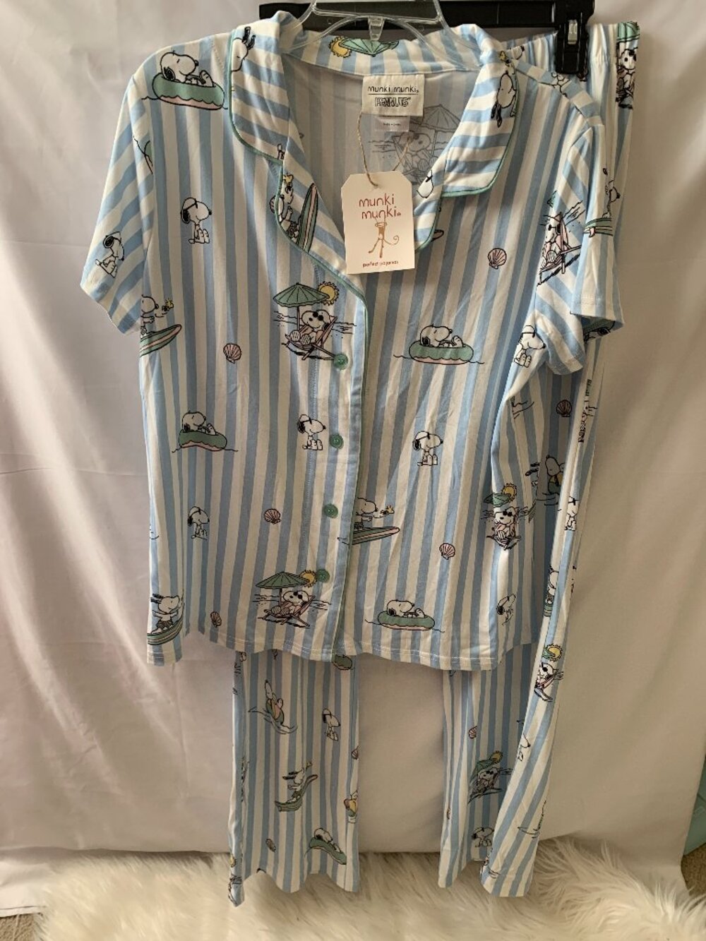 MUNKI MUNKI PEANUTS Snoopy Beach Vacation Striped Pajamas Set Sz LARGE